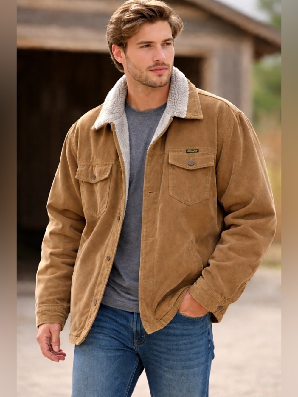 Vintage Y2K Wrangler Sherpa Lined Corduroy Jacket Tan Workwear Western Coat SzL